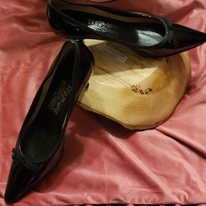 Salvatore Ferragamo Black Patent Leather Kitten Heel Pumps 6.5